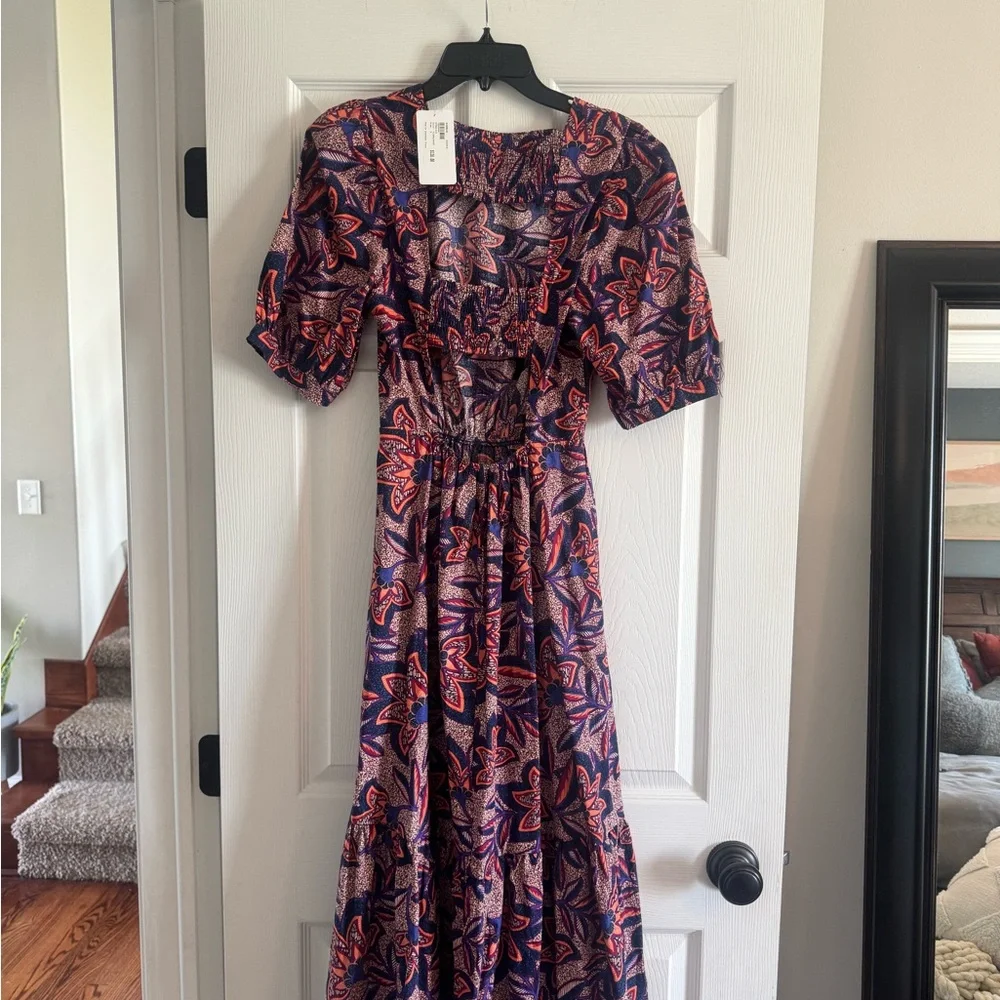 NWT Evereve Noelle Open Back Printed Midi Dress with Sleeves - Picture 1 of 5